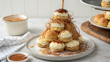 Croquembouche tower topped with caramel threads showcases classic French pastry art