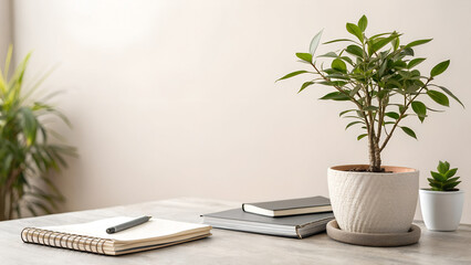 modern office interior,Desk with Plants and Notebooks