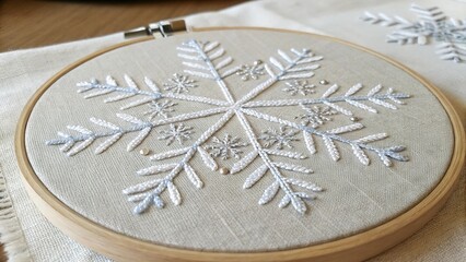 Detailed cross stitched snowflake design on linen fabric displayed in embroidery hoop