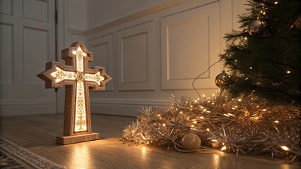 Glowing cross ornament next to tinsel pile enhances holiday decor in a cozy living room