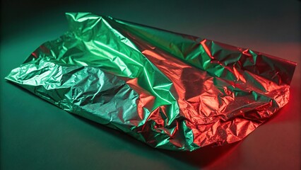 Crumpled foil texture illuminated by green and red lighting creating an abstract visual effect with varying shades