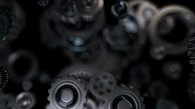 Mechanical gears arranged in the shape of a human brain with camera movement between cogs representing thinking processes and artificial intelligence.