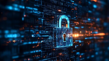 Digital padlock representing data security in cyberspace with blue and orange tones
