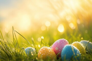 colorful Easter eggs in sunlit meadow with textured shells and cinematic bokeh, warm golden tones and verdant grass ideal for premium branding, lifestyle mockups and seasonal advertising