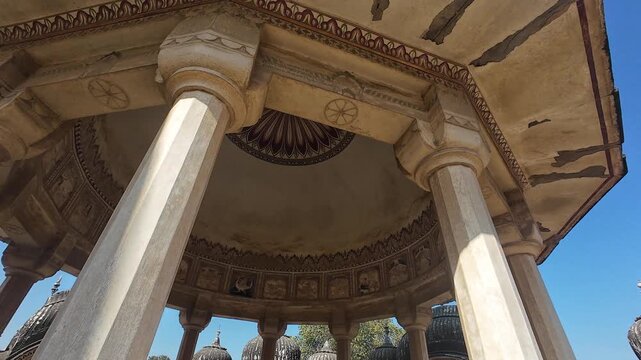 Magnificent Poddar Chhatri Featuring Ornate Stone Pillars and Decorative Domes at the Historic Memorial Site in Ramgarh Rajasthan