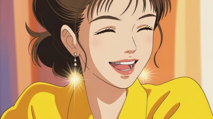 Anime Style Woman Laughing Joyfully with Bright Yellow Outfit.