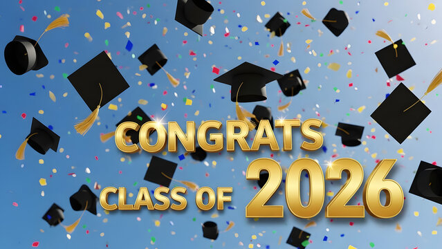 Congrats class of 2026 in gold letters with graduation caps and confetti on blue sky