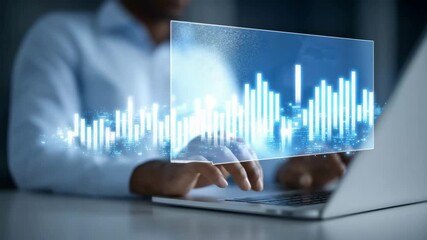 4k Business analyst working on laptop with digital data charts overlay, financial analytics and statistics concept, modern technology and data visualization, office - Powered by Adobe