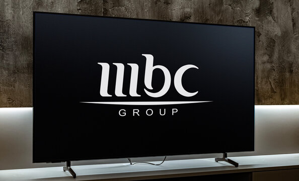 Flat-screen TV set displaying logo of MBC Group