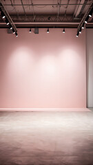 empty gallery with spotlights,Minimalist Space: Soft Pink Gallery Wall