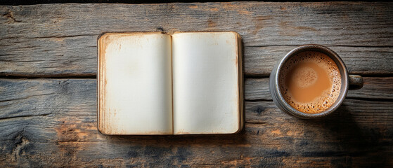 An open notebook and a cup of aromatic beverage on a wooden surface will create a homely backdrop for blogs about self-development or morning rituals.