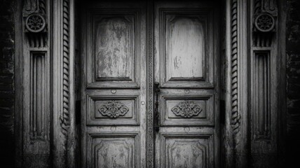 Antique Wooden Double Doors with Ornate Carvings and Textured Surface.