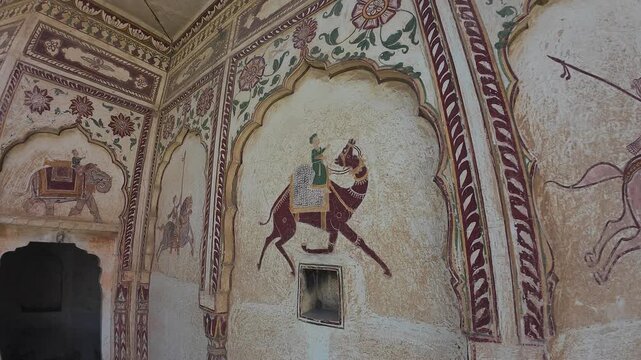 Historic Rajasthani Chhatris (Memorials) Decorated with Vibrant Frescoes and Traditional Artistry Showcasing the Grandeur and Honour of a Medieval Ramgarh Rich Family, Rajasthan
