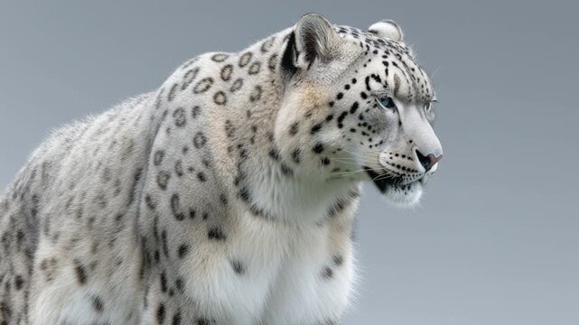 Snow Leopard's Gaze: A majestic snow leopard with a distinctive coat, its piercing eyes reflect an air of power and grace against a subtle background.