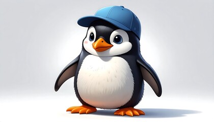 Obraz premium A charming, chubby cartoon penguin with bright eyes, wearing a blue baseball cap, set against a clean, white background