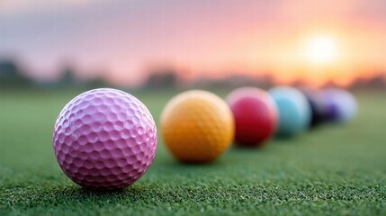 Colorful golf balls on a green putting surface at sunset.