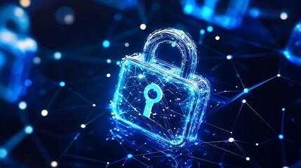 Digital padlock with network connections representing cybersecurity and protection