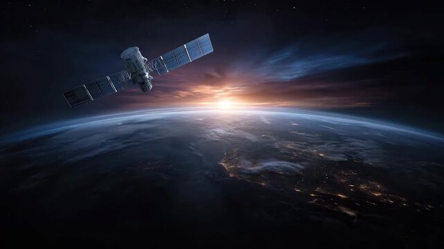 4k Satellite orbiting Earth above illuminated continents with sunrise on horizon, stunning view of planet from space, Milky Way background, global communication technology concept