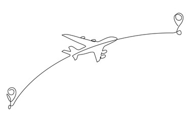 Airplane path and point in One Continuous line drawing. Airplane flight concept with the location of the start and end point on transparent background