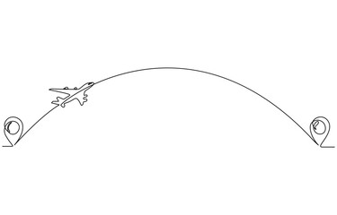 Airplane path and point in One Continuous line drawing. Airplane flight concept with the location of the start and end point on transparent background