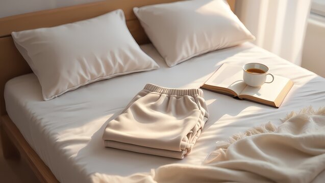 Cozy Bed with Folded Sweatpants, Open Book and Morning Coffee