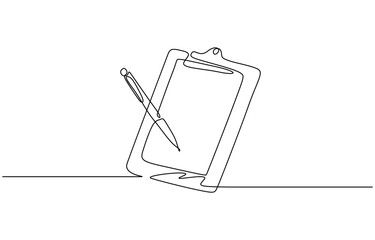 A continuous line drawing of a clipboard with a checklist and a pen, conceptual art and design vector. Single line drawing checklist clipboard and pen. Editable Stroke