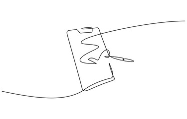 A continuous line drawing of a clipboard with a checklist and a pen, conceptual art and design vector. Single line drawing checklist clipboard and pen. Editable Stroke