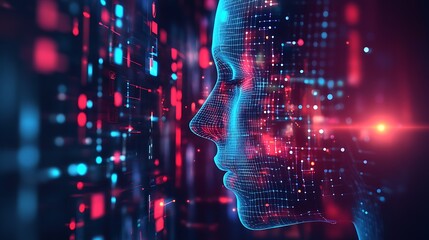 Digital portrait of a human face with abstract data visualization