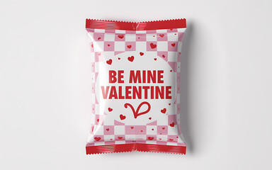 Pink checkered candy bag with be mine valentine text and hearts