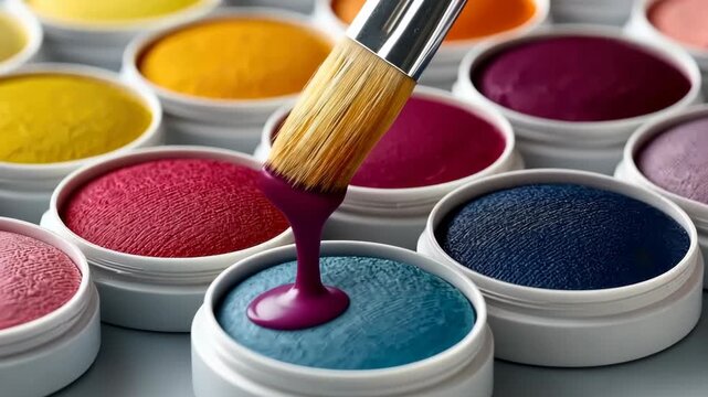Close-up of colorful watercolor paints in white containers with a paint brush at an art studio, creating artwork
