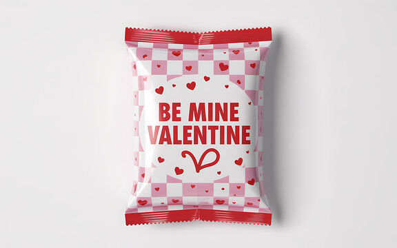 Pink checkered candy bag with be mine valentine text and hearts