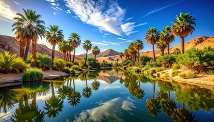 Obraz premium Serene Desert Oasis with Palm Trees and Reflections