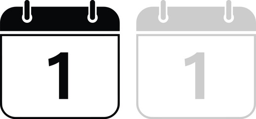 Minimalist calendar day one vector icons in black and gray for scheduling daily planning event reminders and organizational business web interface elements.
