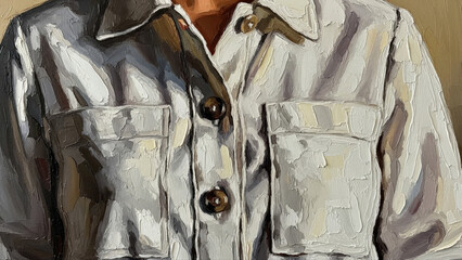 Detailed close-up of a white shirt with a button placket, isolated against a neutral background, highlighting textured fabric and prominent buttons