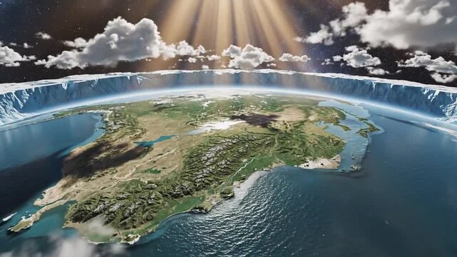 A conceptual render showcasing the intriguing model of a flat earth surrounded by an icy firmament, illuminated by celestial rays