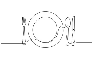 Continuous line art or One Line Drawing of plate, khife and fork. Editable black stroke on white background. Vector illustration.