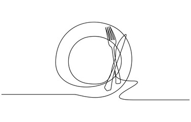 Continuous line art or One Line Drawing of plate, khife and fork. Editable black stroke on white background. Vector illustration.