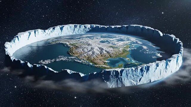 An imaginative rendering of the flat earth theory, showcasing continents contained within a massive Antarctic ice wall, floating mystically in the dark expanse of space