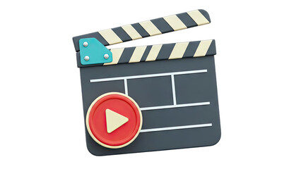 3D Clapperboard with Play Button Icon on White Background