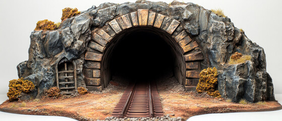 The dark entrance to an abandoned tunnel with rusty rails and wild vegetation conveys a sense of mystery, serving as a backdrop for thrillers or posts about urban decay.