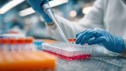 A scientist in a laboratory wearing gloves is using a pipette to transfer liquid from larger containers into small test tubes. The setting shows various lab equipment and materials