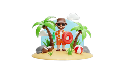 3D Cartoon Man on Beach with Palm Trees and Accessories