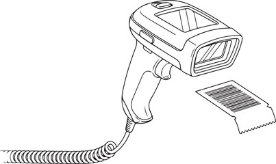Handheld Barcode Scanner Reading Label Line Art Vector Icon Retail Inventory & POS Technology