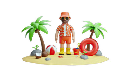 3D Cartoon Man on Beach with Summer Accessories