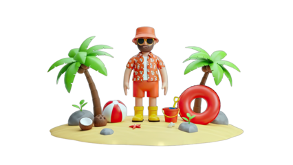 3D Cartoon Man on Beach with Summer Accessories