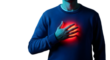 Man experiencing sharp chest pain with bright red light on his chest, isolated