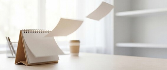 Spiral desk calendar on a wooden table with paper flying in the air, concept of time passing and deadline management for business planning and organization