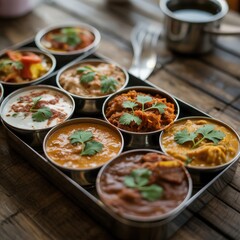 Assortment of Indian Curries Served in Small Bowls on a Tray.