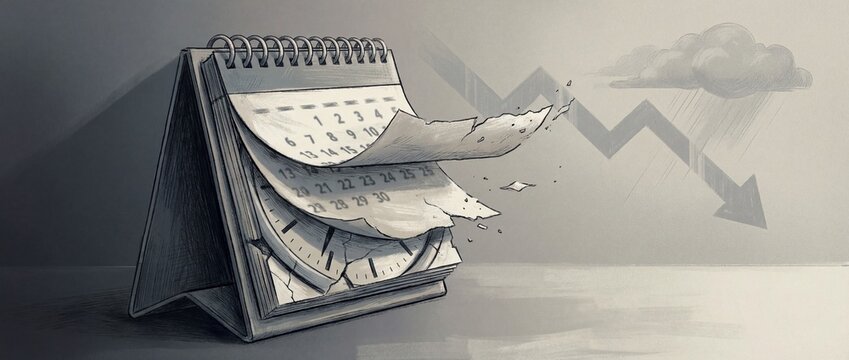 Illustration of a desk calendar with torn pages revealing a clock face, featuring a downward arrow and rain cloud for economic recession, deadline stress and time management