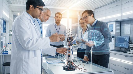 Diverse team of scientists and engineers testing a robotic hand and brain hologram in a high-tech laboratory, researching artificial intelligence and prosthetics for medical innovation
